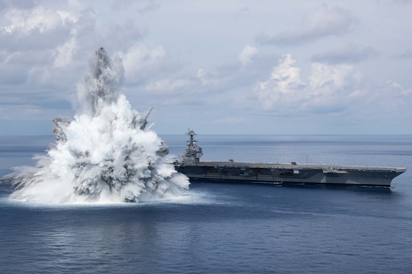 The aircraft carrier USS Gerald R. Ford (CVN 78) successfully completes the third and final scheduled explosive event for Full Ship Shock Trials while underway in the Atlantic Ocean, Aug. 8, 2021.