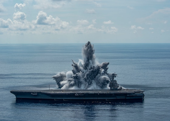 The aircraft carrier USS Gerald R. Ford (CVN 78) successfully completes the third and final scheduled explosive event of Full Ship Shock Trials while underway in the Atlantic Ocean, Aug. 8, 2021.
