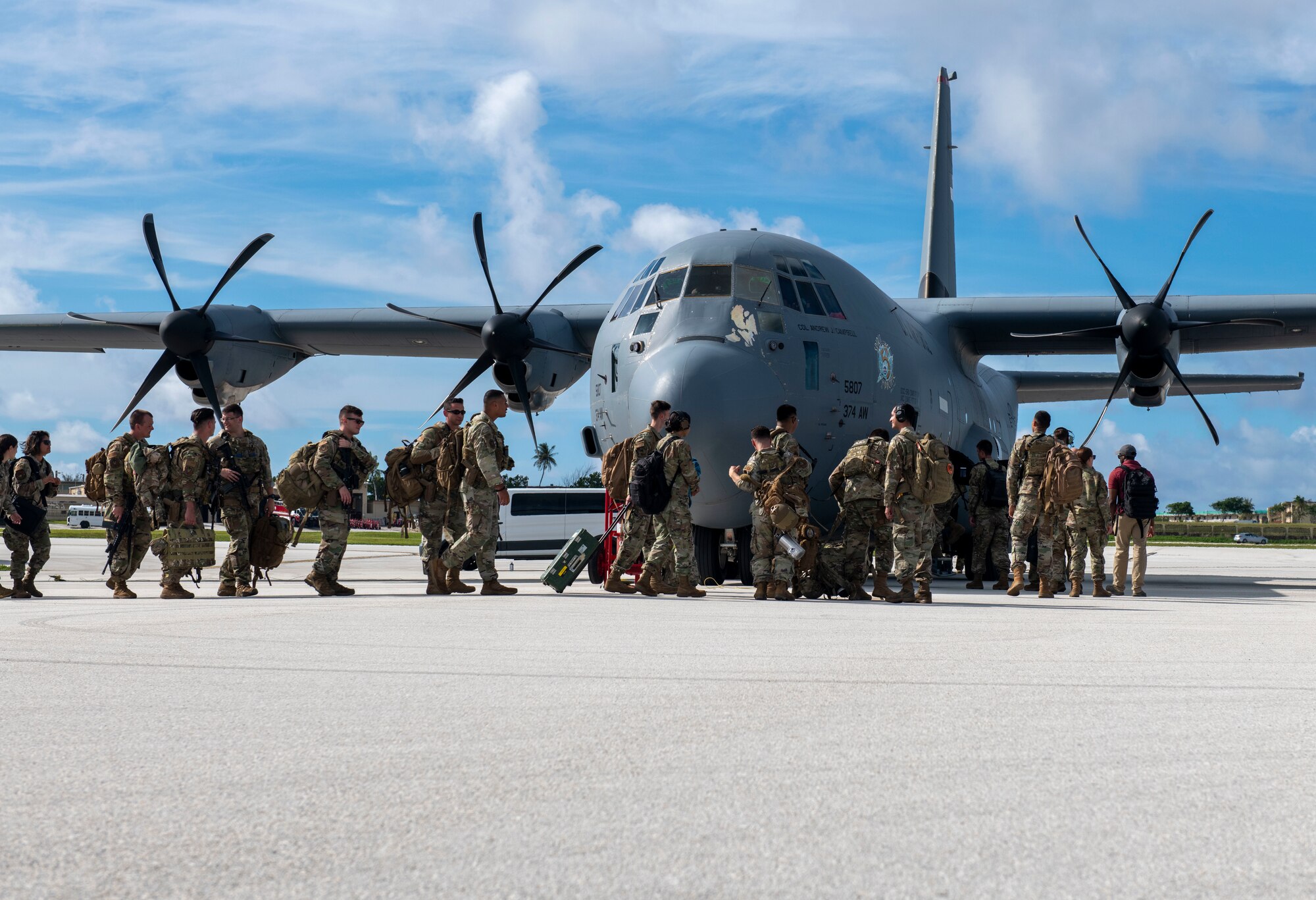U.S. Air Force Airmen assigned to the 366th Fighter Wing from Mountain Home Air Force Base Idaho, load onto a C-130J Super Hercules July 27, 2021, at Andersen Air Force Base, Guam, during Pacific Iron 2021.