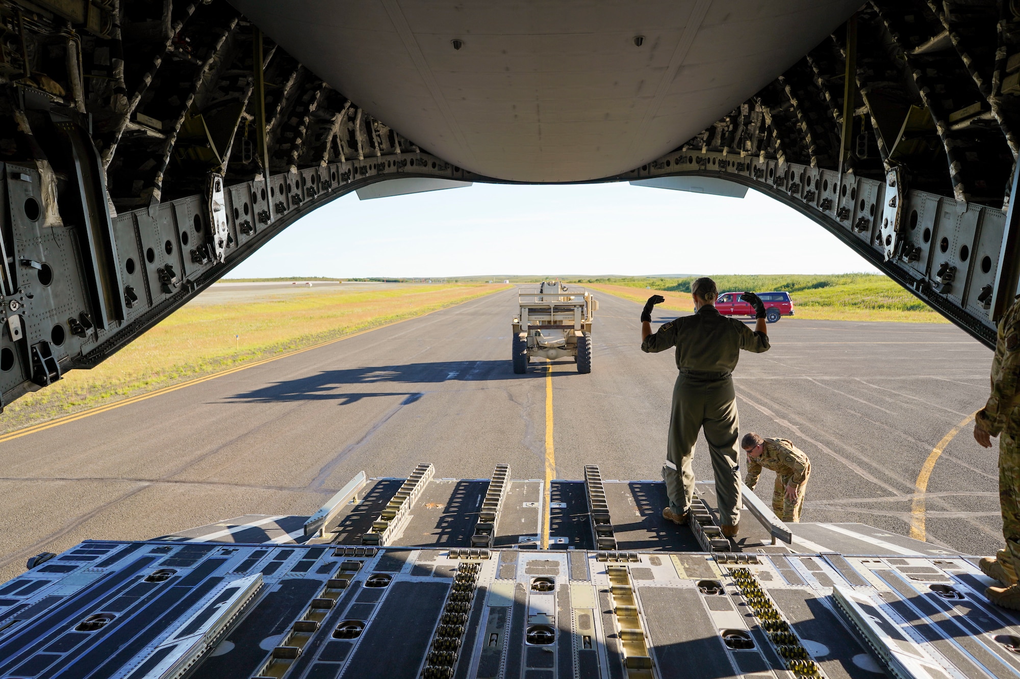 JOINT BASE ELMENDORF-RICHARDSON, Alaska -- The Alaska National Guard transports cargo for the Defense Commissary Agency from Joint Base Elmendorf-Richardson via a C-17 Globemaster III aircraft from the 176th Wing’s 144th Airlift Squadron to the remote village hub of Bethel, Alaska, Aug. 2, 2021. The AKNG partnered with DeCA in order to provide discounted groceries to eligible military- and DoD-affiliated patrons during a one-day event Aug. 7. (U.S. Army National Guard photos by 1st Lt. Balinda O’Neal Dresel)