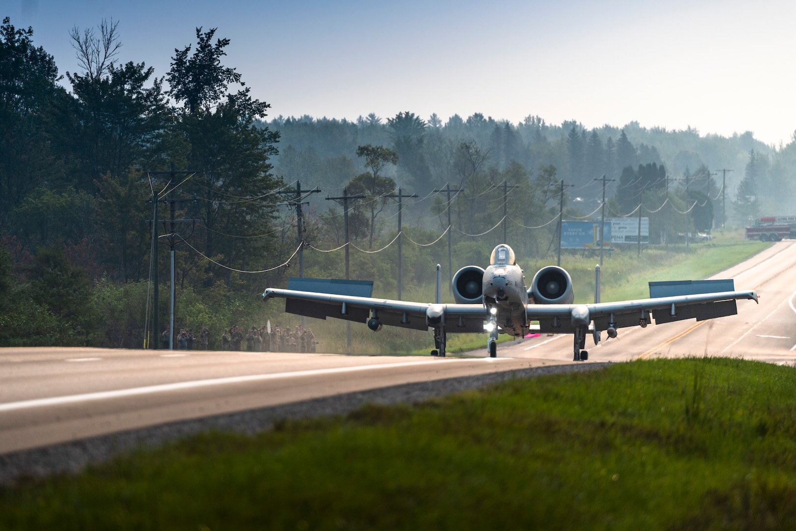 An A-10 Thunderbolt II from Selfridge Air National Guard Base, Michigan, lands on a public highway in Alpena, Michigan, Aug. 5, 2021. The highway landing was a part of Exercise Northern Strike 21-2.