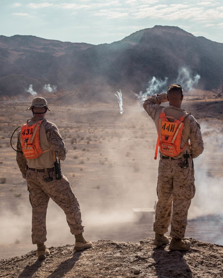 U.S. Marines with Combat Logistics Battalion (CLB) 25 conduct a Motorized Fire and Maneuver Exercise (MFME) during Integrated Training Exercise (ITX) 4-21 at Range 114 on Marine Corps Air Ground Combat Center, Twentynine Palms, California on August 3rd, 2021. The MFME challenges Marines to conduct a live-fire convoy confronted by an unblocked ambush, ensuring Marines from CLB 25 remain combat-ready as they continue to provide vital support to Marine Air Ground Task Force 25 during ITX. (U.S. Marine Corps photo by Lance Cpl. David Intriago)