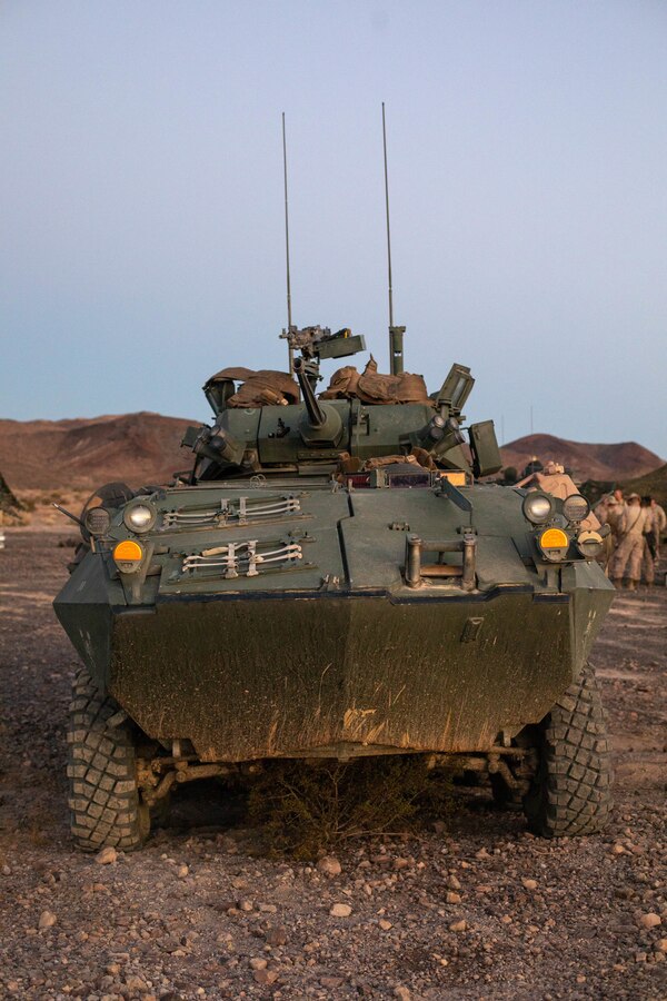 U.S. Marines with Delta Company, 4th Light Armored Reconnaissance Battalion (LAR), 4th Marine Division, prepare for platoon attacks during Integrated Training Exercise (ITX) 4-21 at Marine Corps Air Ground Combat Center, Twentynine Palms, California on Aug. 2, 2021. ITX is the culmination of Marine Forces Reserve units’ training cycle as they participate in a live-fire, combined arms exercise as a part of an integrated Marine Air Ground Task Force. (U.S Marine Corps photo by Lance Cpl. David Intriago)