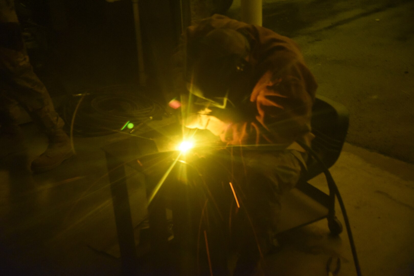 Arizona Air National Guard Staff Sgt. Shane Sanders, 161st Civil Engineer Squadron, structures apprentice, uses a metal inert gas welder during training in New London, N.C., Aug. 3, 2021. The training provides 161 ARW CES Airmen hands-on experience to ensure mission readiness.