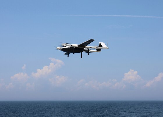 he unmanned vehicle component from the U.S. Navy’s Blue Water logistics Unmanned Aerial System, from the Naval Air Warfare Center Aircraft Division’s (NAWCAD) UX-24 Unmanned Test Squadron, takes off from the flight deck of Military Sealift Command's fleet replenishment oiler USNS Joshua Humphreys (T-AO 188) while the ship was at sea in the Atlantic Ocean, July 16.