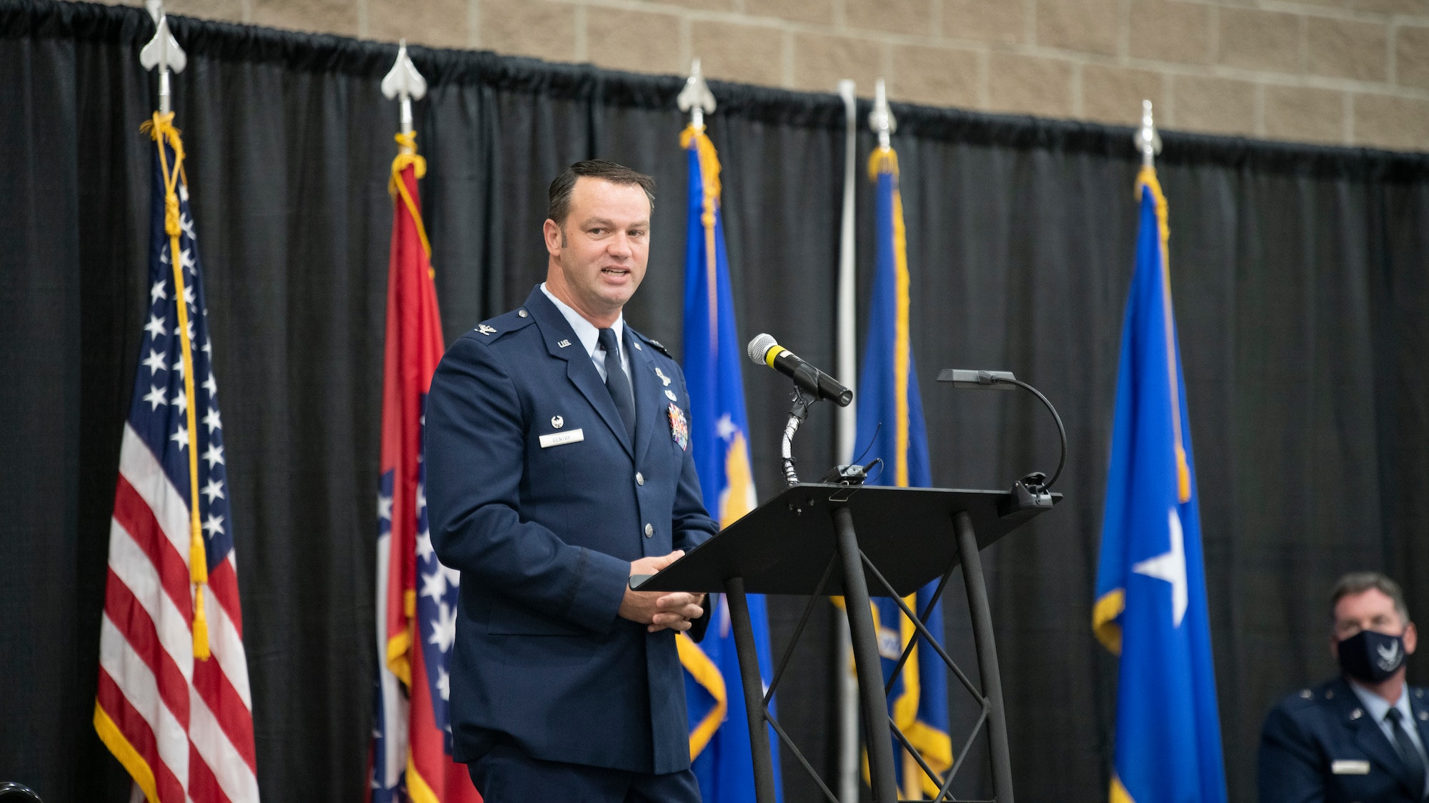 Col. Jeremiah Gentry addresses the audience at a 188th Wing change of command ceremony, Aug 7, 2021.