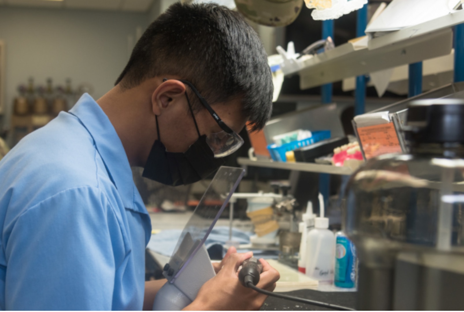 U.S Air Force Airman 1st Class Neil Palbusa, 375th Dental Squadron dental laboratory technician, creates a mold on Scott Air Force Base, Illinois, July 13, 2021. The 375th DS Airmen provided assistance to dental residents at Scott AFB. (U.S. Air Force photo by Airman 1st Class Mark Sulaica)