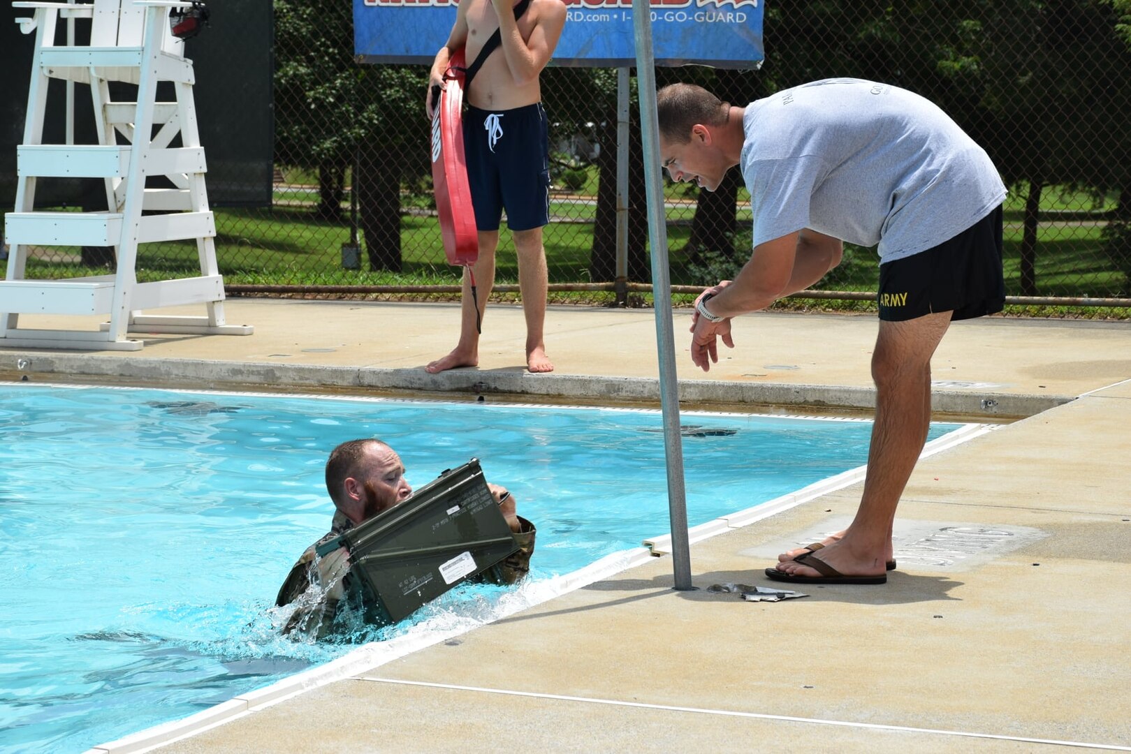 Virginia Army National Guard recruiters challenge area lifeguards at the 3rd Annual National Guard Water Sports Challenge, held July 10, 2021, at the Miller Park Pool in Lynchburg, Virginia. (Courtesy photo)