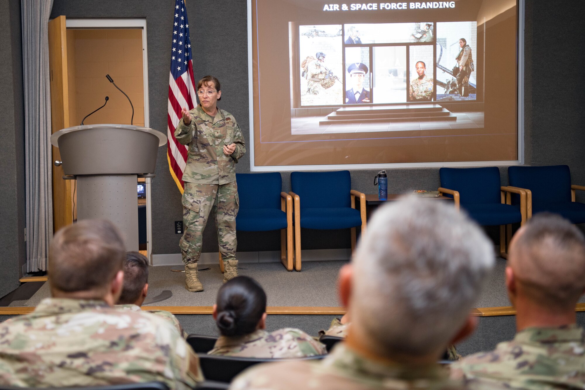 Brig. Gen. Lisa Craig, Air Force Recruiting Service deputy commander, delivers a speech to recruiters at Grissom Air Reserve Base, Indiana, July 28, 2021. The mission for recruiters is to inspire, engage and recruit the next generation of Airmen and Space professionals. (U.S. Air Force photo by Staff Sgt. Jeremy Blocker)