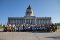 Freedom Academy delegates pose in front of the Utah State Capitol building