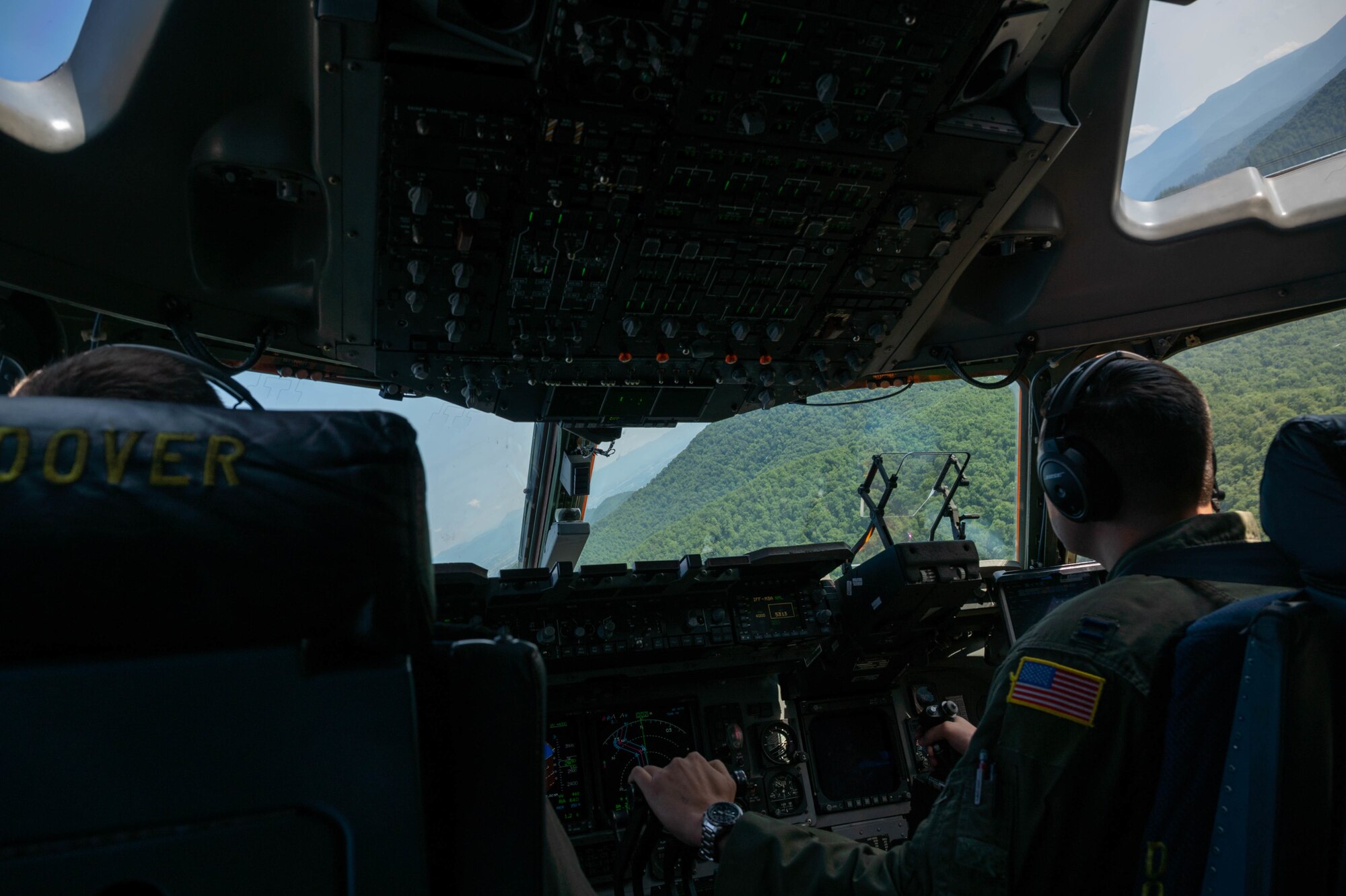 Capt. Steve Tice, right, 436th Operations Support Squadron chief of tactics, and 1st Lt. Nick Johnson, 3rd Airlift Squadron pilot, fly a C-17 Globemaster III over Virginia, Aug. 4, 2021. The 3rd AS constantly trains to provide global reach with unique, outsized and oversized airlift capability. (U.S. Air Force photo by Senior Airman Faith Schaefer)