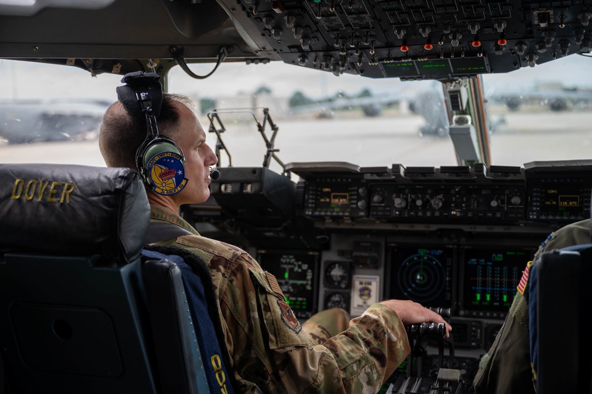 Col. Matt Husemann, 436th Airlift Wing commander, taxis a C-17 Globemaster III after a local training flight at Dover Air Force Base, Delaware, Aug. 4, 2021. The 3rd AS constantly trains to provide global reach with unique, outsized and oversized airlift capability. (U.S. Air Force photo by Senior Airman Faith Schaefer)