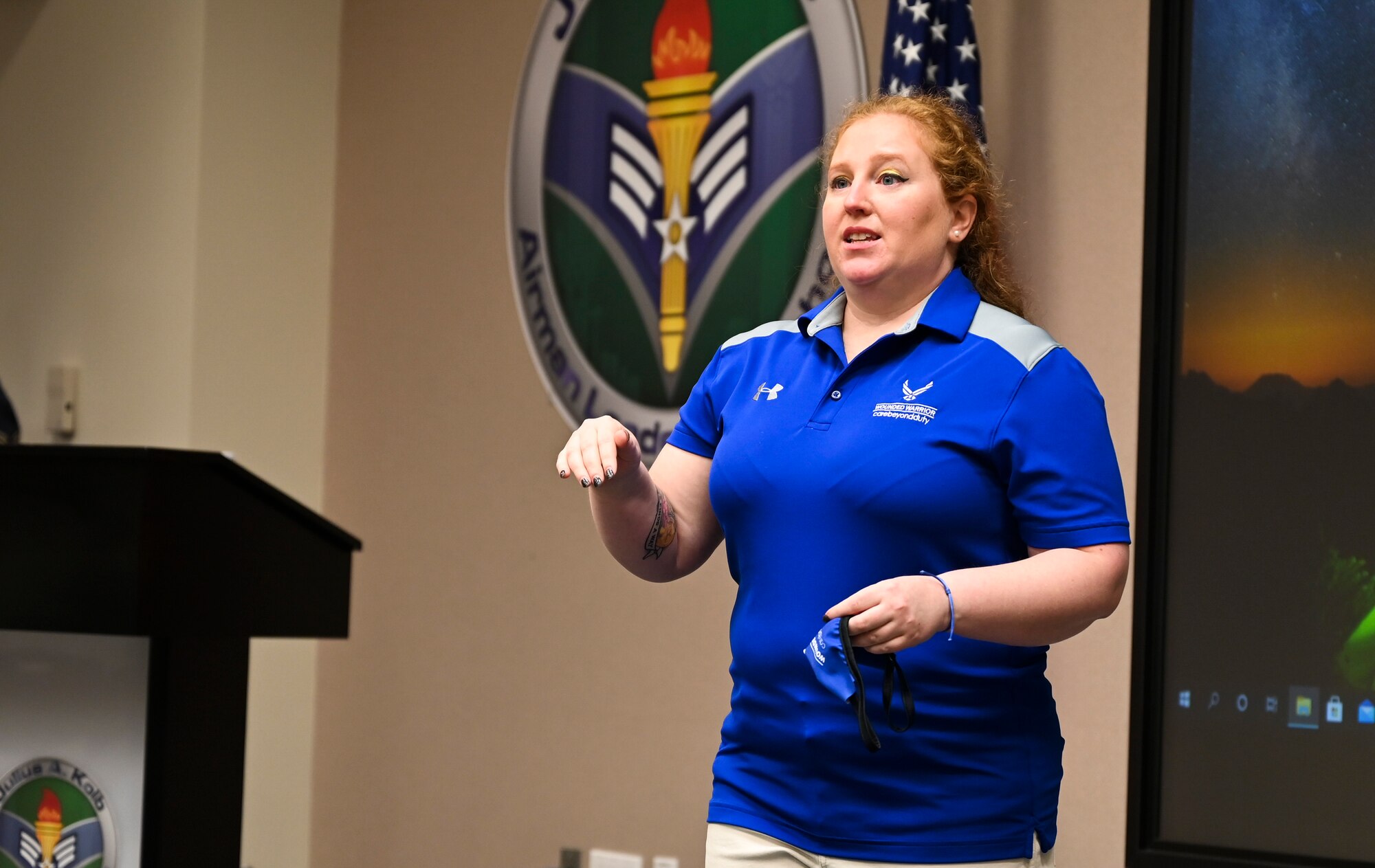 Retired U.S. Air Force Tech. Sgt. Nicole Allbritton, Air Force Wounded Warrior Program ambassador, shares her story to Team McChord senior noncommissioned officer’ss during a Roadshow Ambassador event at Joint Base Lewis-McChord, Wash., Aug. 9, 2021. The event provided the AFW2 team an opportunity to educate the Air Force population about support programs such as Adaptive Sports, Empowerment in Transition, Wellness & Resiliency, Airman 4 Life, Community Programs and more that help navigate the warrior’s care. (U.S. Air Force photo by Master Sgt. Julius Delos Reyes)