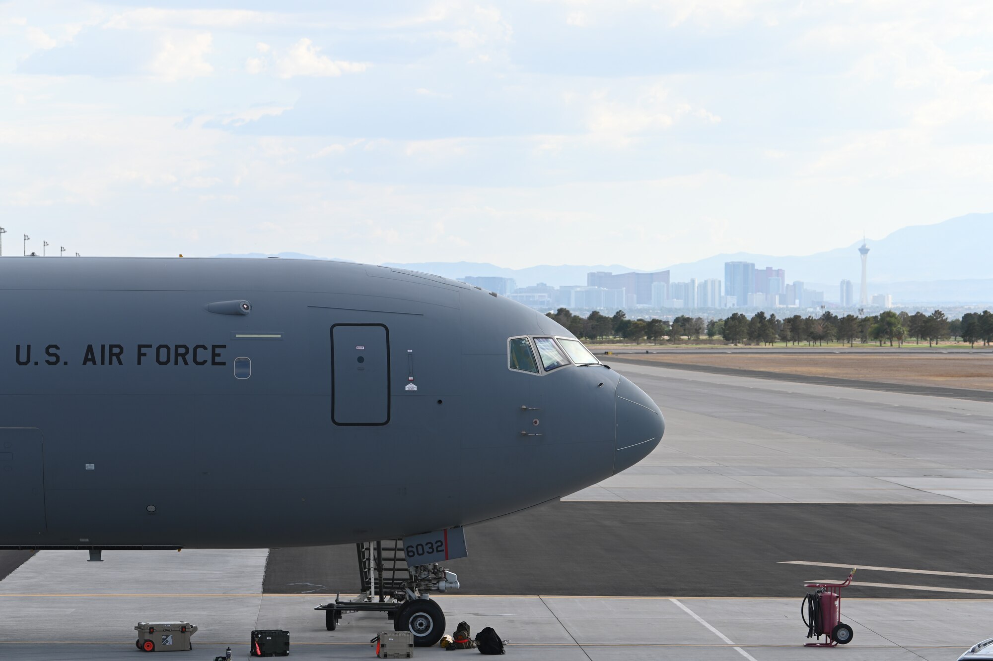 A KC-46A Pegasus from McConnell undergoes maintenance inspections on the airfield July 20, 2021, at Nellis Air Force Base, Nevada.