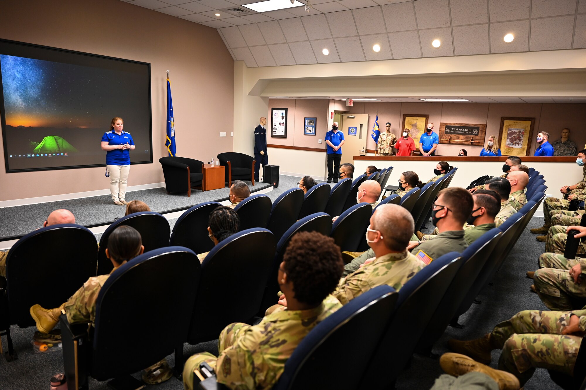 Retired U.S. Air Force Tech. Sgt. Nicole Allbritton, Air Force Wounded Warrior Program (AFW2) ambassador, shares her story to Team McChord senior noncommissioned officer’ss during a Roadshow Ambassador event at Joint Base Lewis-McChord, Wash., Aug. 9, 2021. The event provided the AFW2 team an opportunity to educate the Air Force population about support programs such as Adaptive Sports, Empowerment in Transition, Wellness & Resiliency, Airman 4 Life, Community Programs and more that help navigate the warrior’s care. (U.S. Air Force photo by Master Sgt. Julius Delos Reyes)