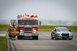 The Connecticut Air National Guard Fire Department and Connecticut State Police respond to a small unmanned aircraft system flying over Bradley Air National Guard Base during a drone response exercise conducted at the installation in East Granby, Connecticut, Aug. 5, 2021.  With the increased prevalence of drone activity around the world, the 103rd Security Forces Squadron partnered with the Transportation Security Administration and Connecticut State Police to conduct a multi-agency antiterrorism exercise that tested the base’s response to a drone incursion. (U.S. Air National Guard photo by Tech. Sgt. Steven Tucker)