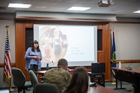 Anna Nasset from Stand Up Resources speaks during event for #NotJustApril on Camp Johnson, Vermont, Aug. 19, 2020. Typically military and civilian organizations host events during the month of April to focus attention on sexual assault awareness and prevention; however, due to COVID-19 restrictions the Vermont National Guard shifted their series of events from April to August and designed them around the theme: #NotJustApril, from Aug. 18-21, 2020. (U.S. Army National Guard photo by Capt. J. Scott Detweiler)