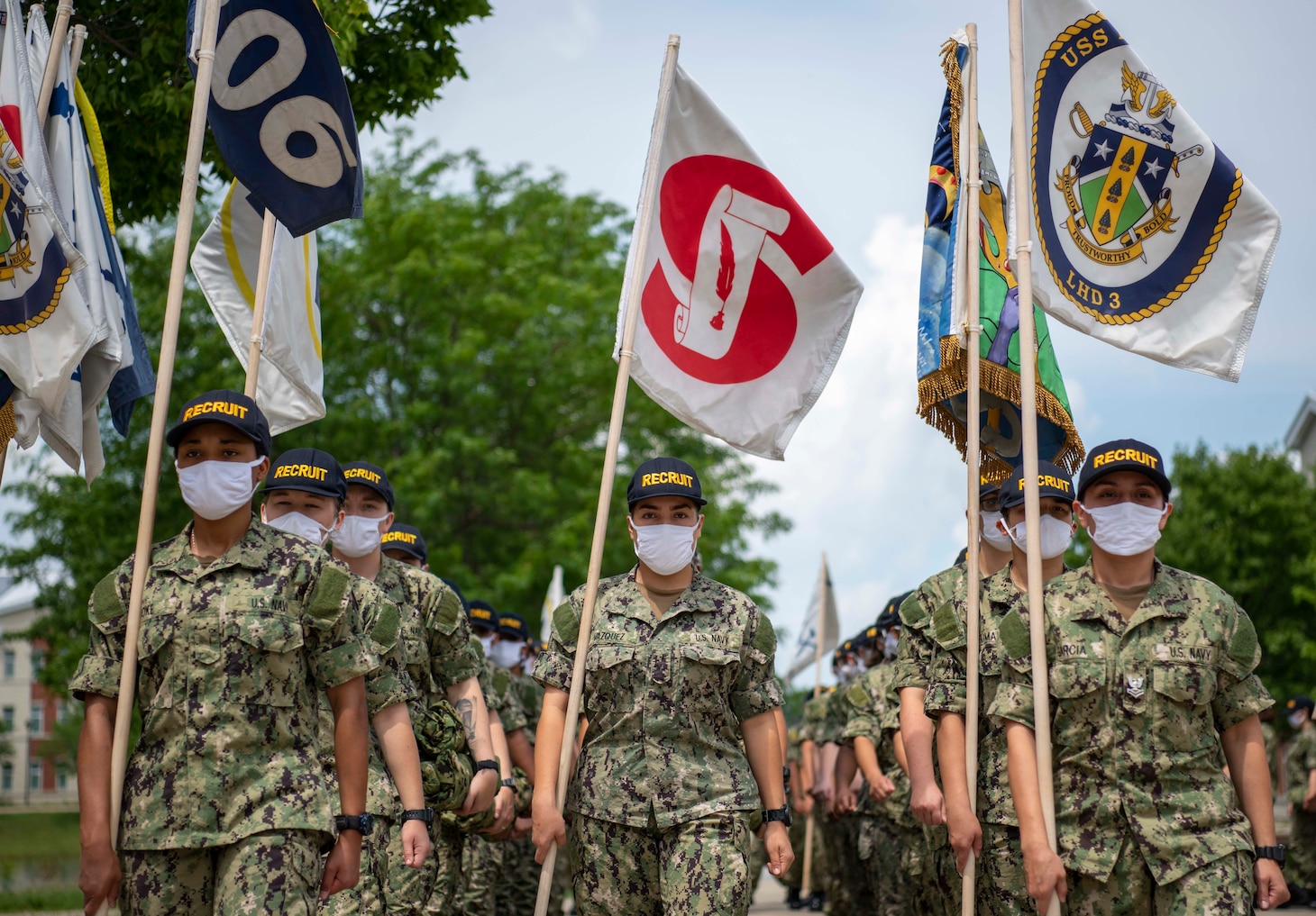 A recruit division marches in formation at Recruit Training Command. More than 40,000 recruits train annually at the Navy’s only boot camp.