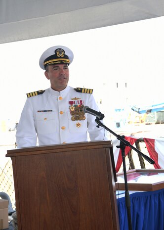 Capt. Kyle Gantt speaks at the Commander, Task Force (CTF) 65 change of command ceremony at Naval Station Rota, Aug. 10, 2019. Capt. Joseph Gagliano was relieved by Capt. Kyle Gantt as commodore during a waterfront ceremony presided over by Vice Adm. Gene Black, commander, U.S. Sixth Fleet.  CTF 65. CTF 65 and DESRON 60, headquartered in Rota, Spain, overseas the forward-deployed forces of U.S. Sixth Fleet’s area of operation in support of regional allies and partners as well as U.S. national security interests in Europe and Africa.