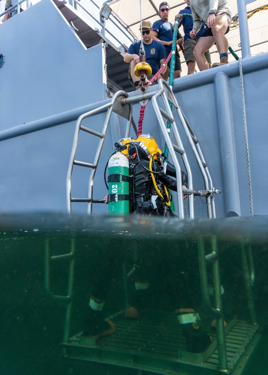 A sailor in dive gear descends into water.