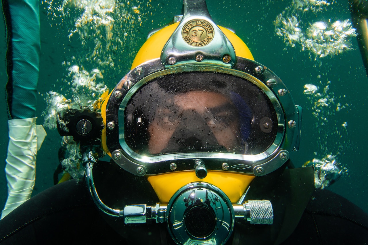 A sailor in dive gear underwater.