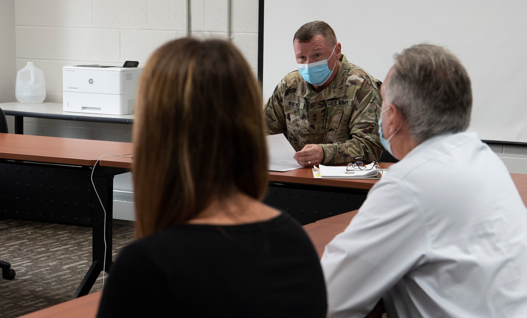 Maj. Gen. Greg Knight, Vermont's adjutant general, shares results of an organizational assessment with local reporters during a media roundtable Aug. 6, 2021. The assessment, conducted by the National Guard Bureau's Office of Complex Investigations in 2020, gives the Vermont National Guard a favorable rating and lists 35 recommendations to improve the organization. (U.S. Army National Guard photo by Don Branum)