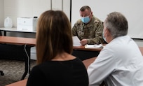 Maj. Gen. Greg Knight, Vermont's adjutant general, shares results of an organizational assessment with local reporters during a media roundtable Aug. 6, 2021. The assessment, conducted by the National Guard Bureau's Office of Complex Investigations in 2020, gives the Vermont National Guard a favorable rating and lists 35 recommendations to improve the organization. (U.S. Army National Guard photo by Don Branum)