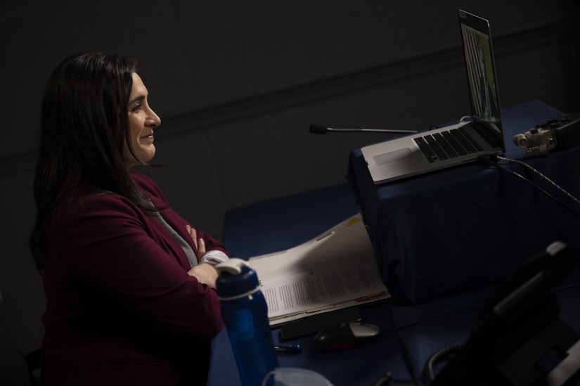 Woman delivers remarks at the Pentagon.