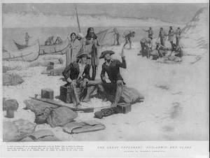 Drawing depicting Merriweather Lewis and William Clark at the mouth of the Columbia River as they explored land west of the Mississippi. The Schuylkill Arsenal provided the expedition with $2,000 of clothing, blankets, tents and equipment.