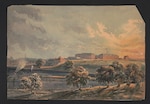 Drawing shows a distant view of the Schuylkill Arsenal in Philadelphia, Pennsylvania, looking west, across the bend of the Schuylkill River.