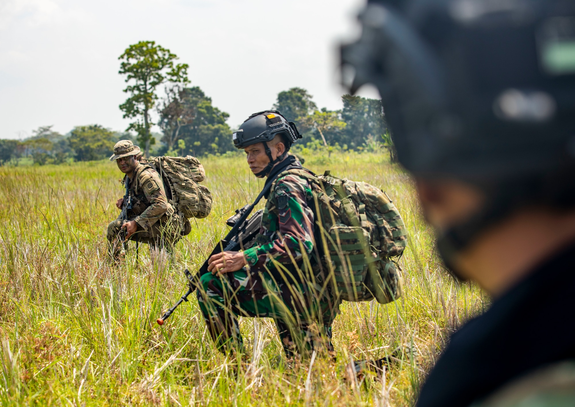 Soldiers kneeling in the grass.