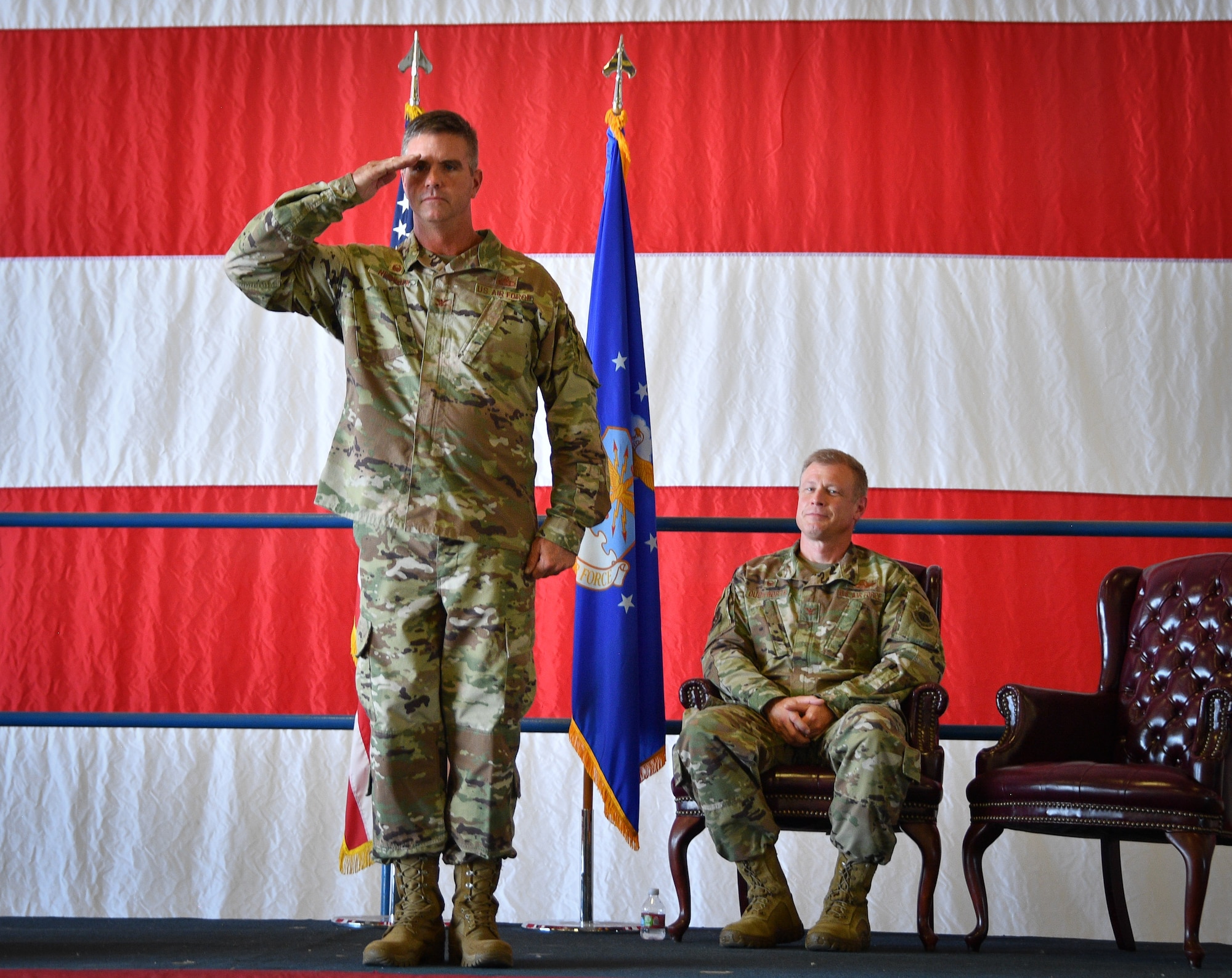 Col. John Nemecek, the incoming 301 FW MXG commander, receives his first salute from his Airmen August 8, 2021, during at change of command ceremony at U.S. Naval Air Station Joint Reserve Base Fort Worth, Texas. Nemecek served with the 301 FW as its MXG deputy commander from March 2012 to May 2020. (U.S. Air Force photo by Master Sgt. Jeremy Roman)