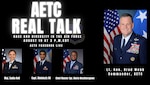 Text that reads AETC Real talk: Race and Diversity in the Air Force, which will be livestreaming on August 19 at 3 p.m. Central Time, on the AETC Facebook page. There are four official military photos of Lt. Gen. Webb and his three guests -- Maj. Sadia Heil, Capt. Abdulaziz Ali, and Chief Master Sgt. Gloria Weatherspoon.