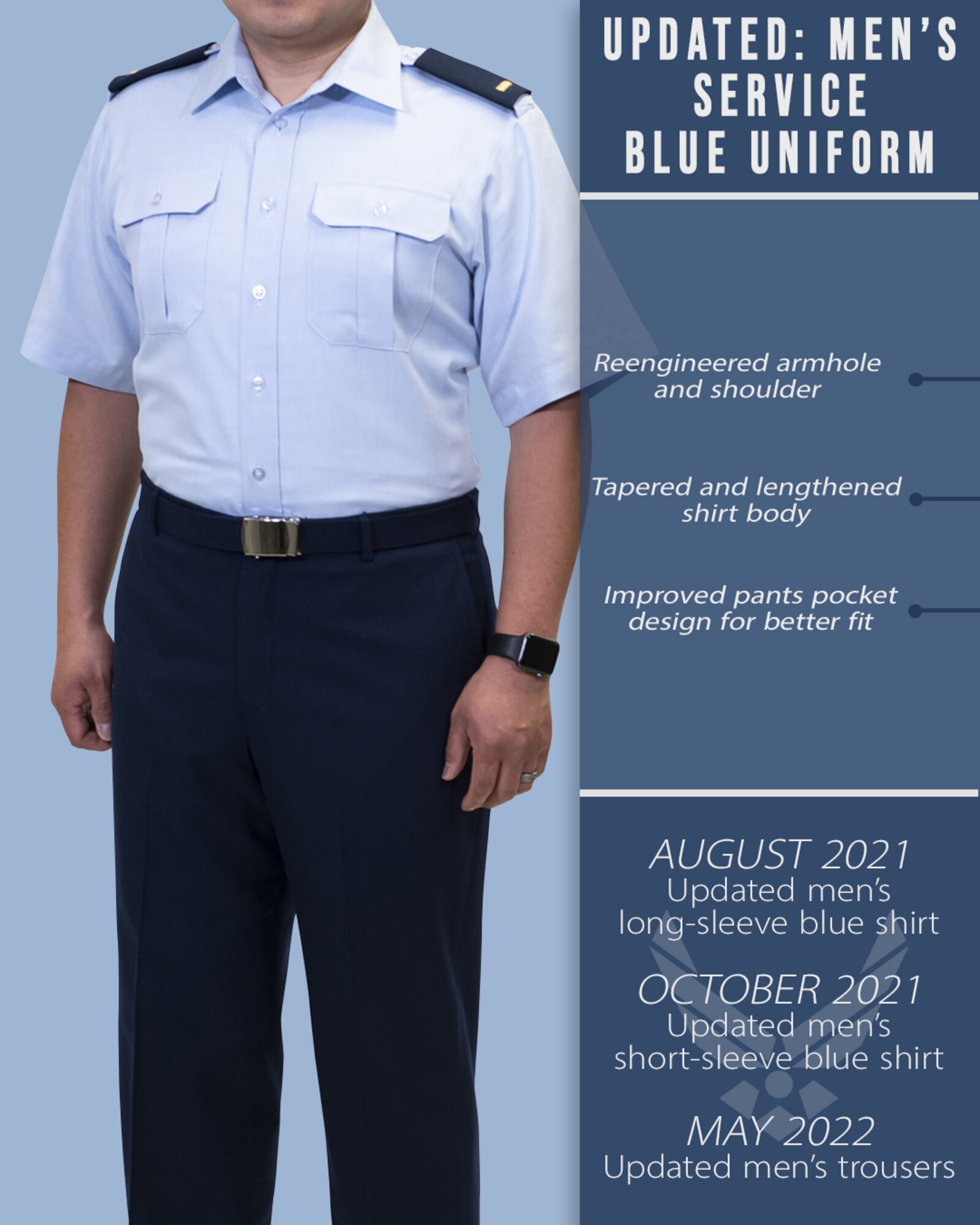 New dress and appearance changes are expected to be released in early October 2021 upon the updated publication of Air Force Instruction 36-2903, Dress and Appearance of Air Force Personnel. Changes include male bulk hair standards, cosmetic tattooing, female hair accessory size, optional hosiery in dress uniform, transparent piercing spacers and morale patches. (U.S. Air Force graphic by Staff Sgt. Elora J. McCutcheon)