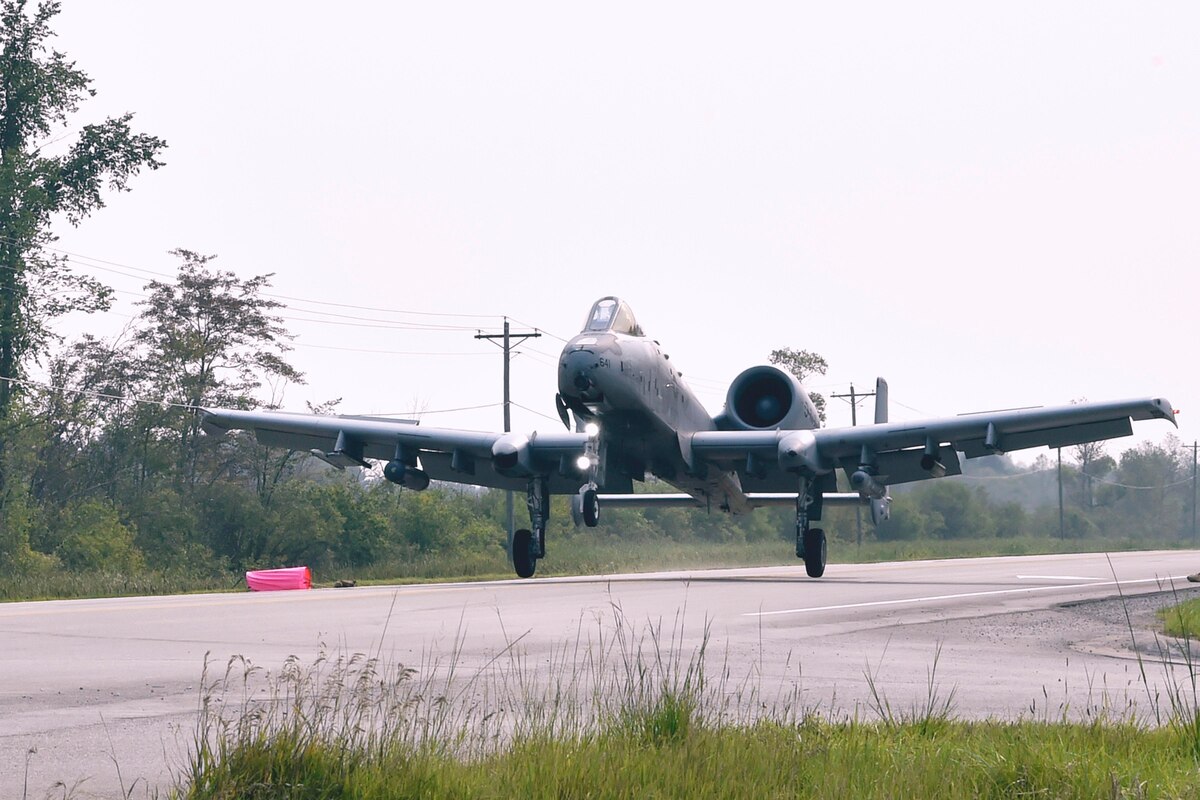 A plane lands on a highway.