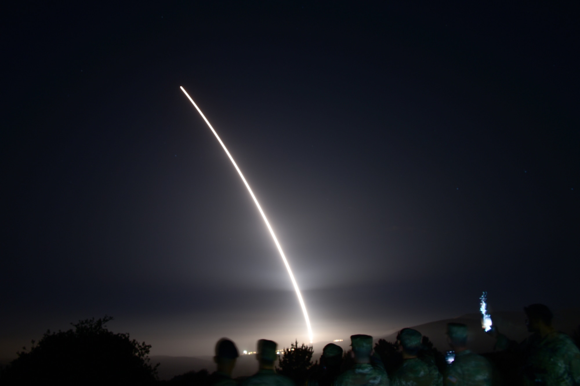 An Air Force Global Strike Command unarmed Minuteman III intercontinental ballistic missile launches during an operational test at 12:53 a.m. Pacific Time (Wednesday, August, 11, 2021), at Vandenberg Space Force Base, Calif. ICBM test launches demonstrate that the U.S. ICBM fleet is relevant, essential and key to leveraging dominance in an era of Strategic Competition. (U.S. Air Force photo by Airman First Class Tiarra Sibley)