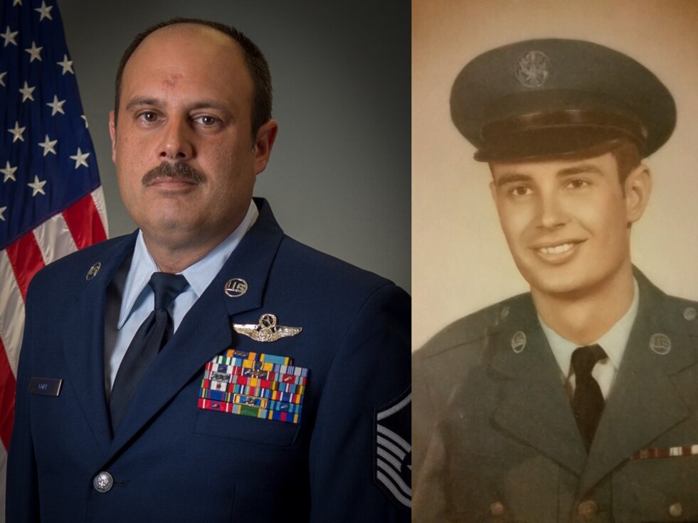 U.S. Air Force Master Sgt. Steven Gore and his father U.S. Air Force Reserve retired Master Sgt. Gregory Gore.