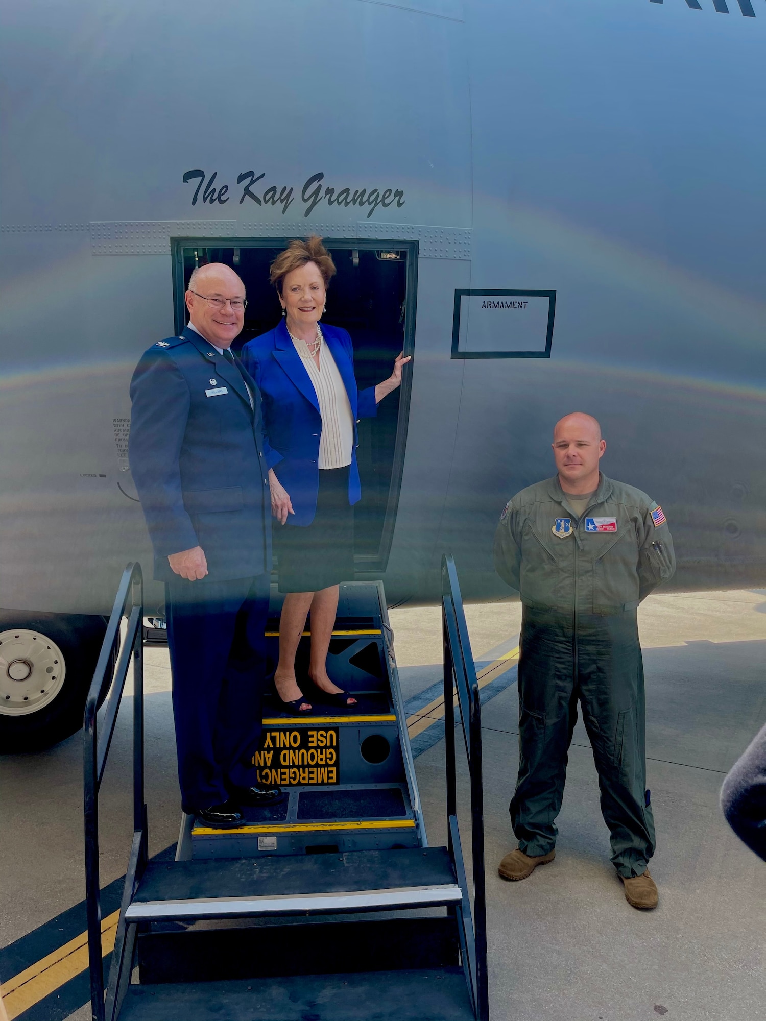 Congresswoman Granger poses with 136th Airlift Wing commander in C-130J door.