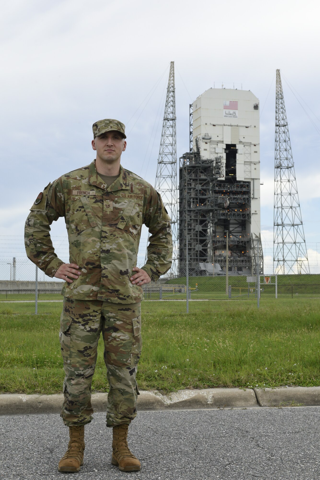 Tech. Sgt. Christopher French, 5th Space Launch Squadron mission assurance instructor stands in front of a space launch complex Aug. 9, 2021, at Cape Canaveral Space Force Station, Florida. French won the Space Operations Command Space Launch Maintainer of the Year award in the noncommissioned officer category. (U.S. Space Force photo by Airman 1st Class Samuel Becker)