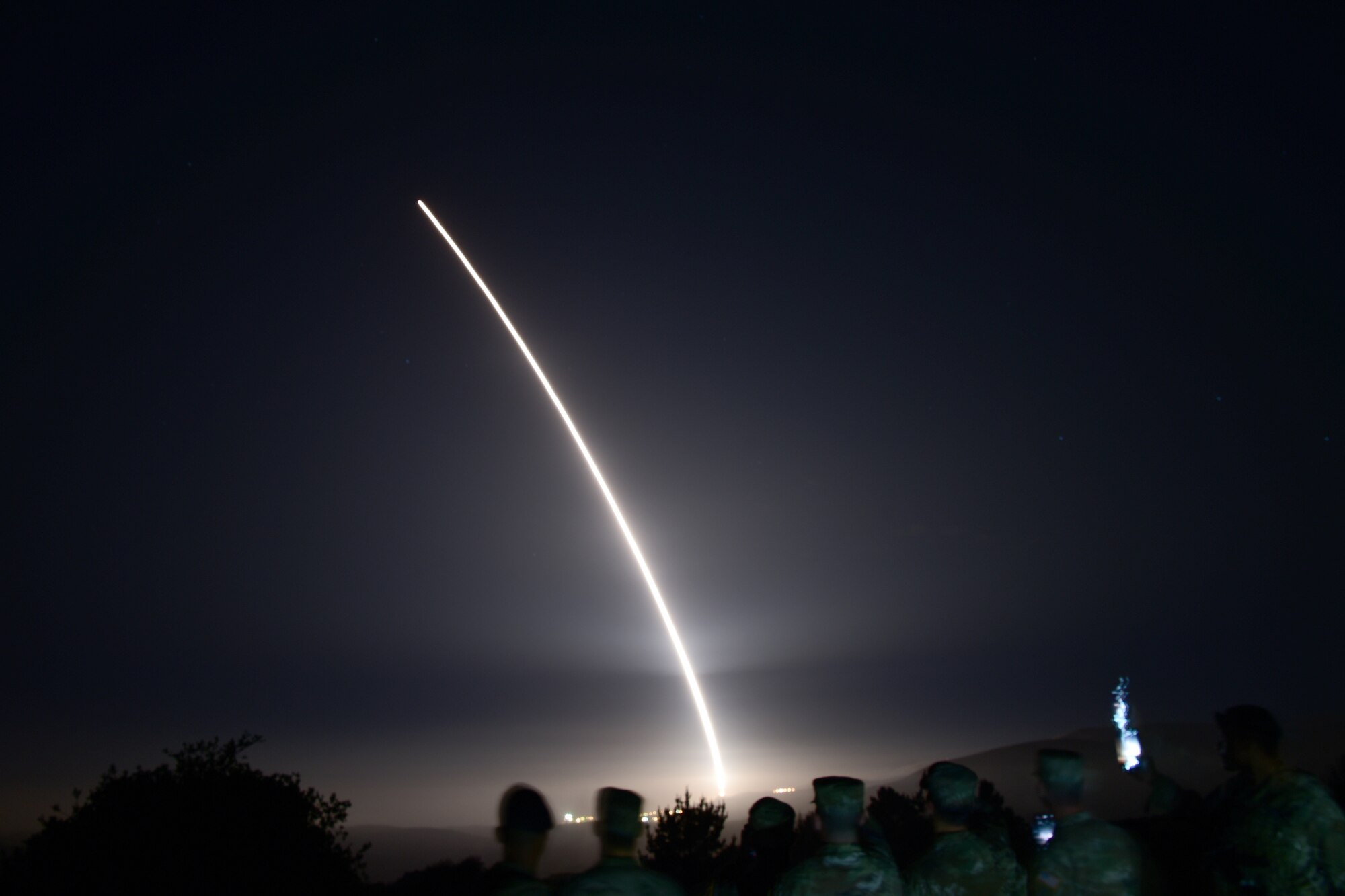 An Air Force Global Strike Command unarmed Minuteman III intercontinental ballistic missile launches during an operational test at 12:53 a.m