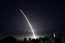 An Air Force Global Strike Command unarmed Minuteman III intercontinental ballistic missile launches during an operational test at 12:53 a.m Pacific Time (Wednesday, August, 11, 1992), at Vandenberg Space Force Base, Calif.