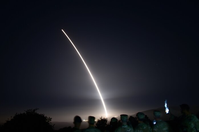 An Air Force Global Strike Command unarmed Minuteman III intercontinental ballistic missile launches during an operational test at 12:53 a.m Pacific Time (Wednesday, August, 11, 1992), at Vandenberg Space Force Base, Calif.