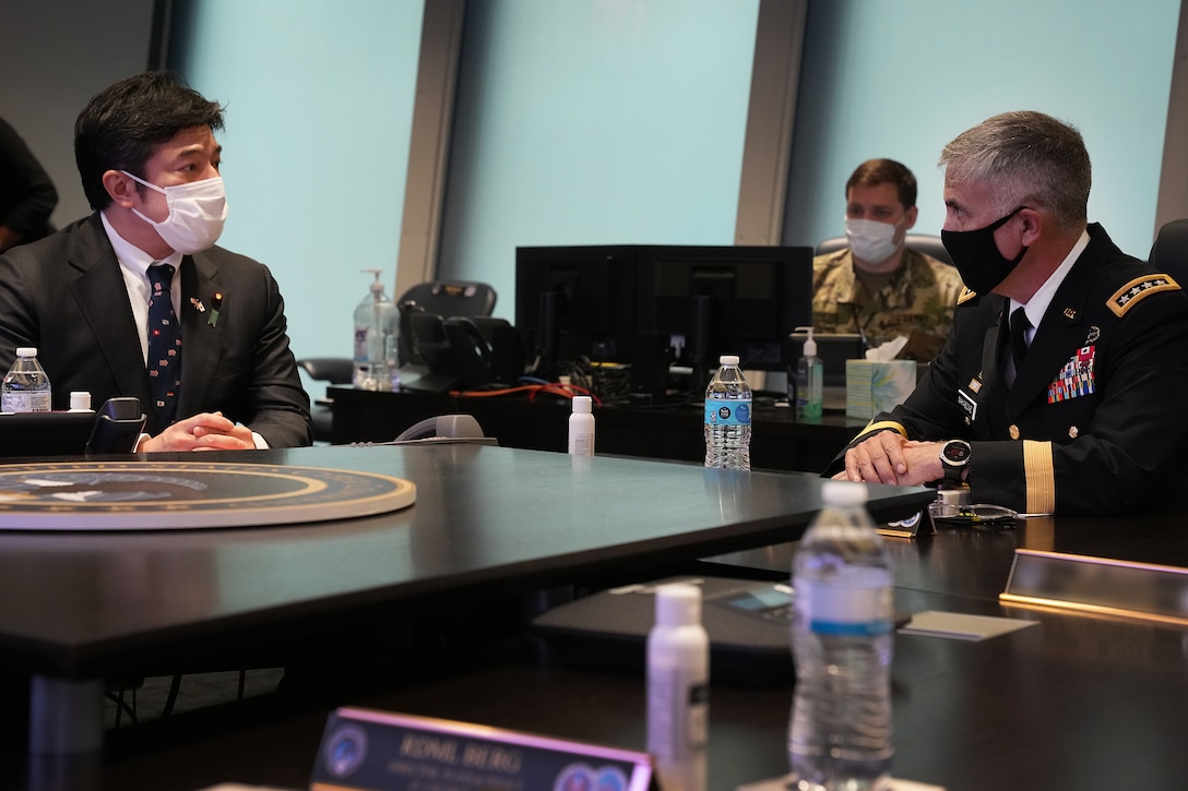 U.S. Army Gen. Paul M. Nakasone, U.S. Cyber Command commander and National Security Agency director, meets with the Honorable Yasuhide Nakayama, Japan Ministry of Defense, State Minister of Defense, at Fort George G. Meade, Md., Aug. 9, 2021.