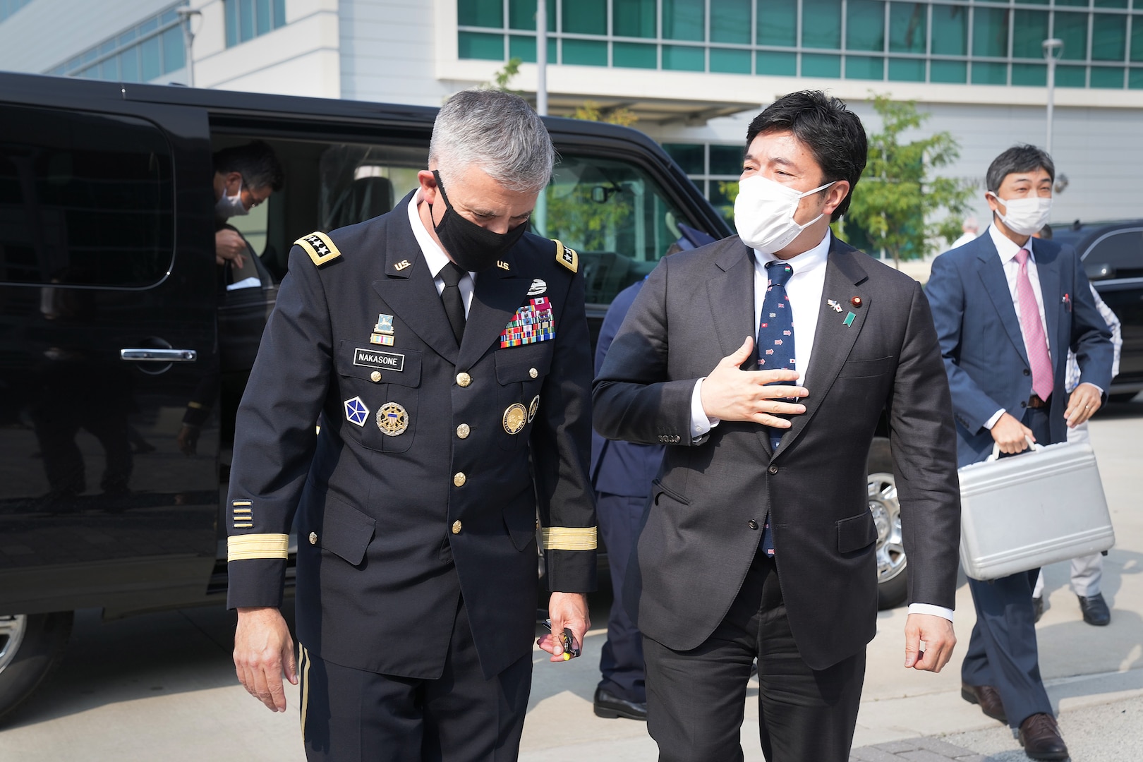 U.S. Army Gen. Paul M. Nakasone, U.S. Cyber Command commander and National Security Agency director, greets the Honorable Yasuhide Nakayama, Japan Ministry of Defense, State Minister of Defense, at Fort George G. Meade, Md., Aug. 9, 2021.