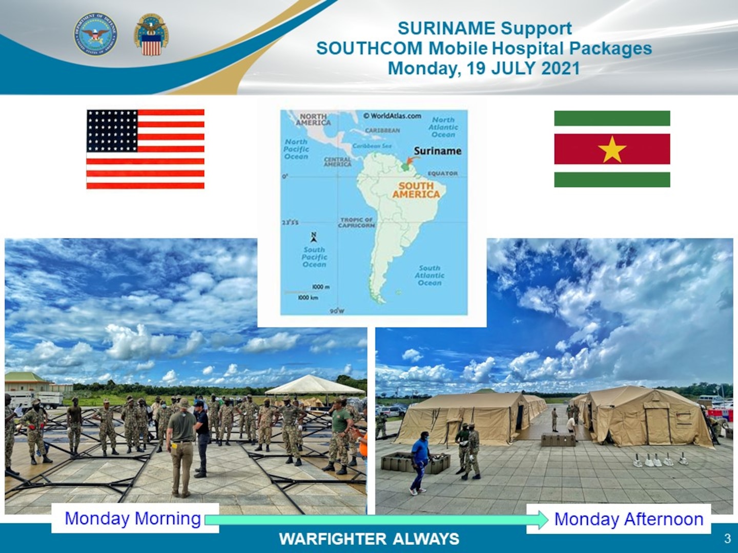 A slide from a presentation shows before and after pics of the construction of a Mobile Hospital Package donated to the country of Suriname by U.S. Southern Command July 23. The hospital was donated through the Humanitarian Assistance Program and procured by DLA Troop Support's Construction and Equipment supply chain to aid in the country's pandemic efforts.