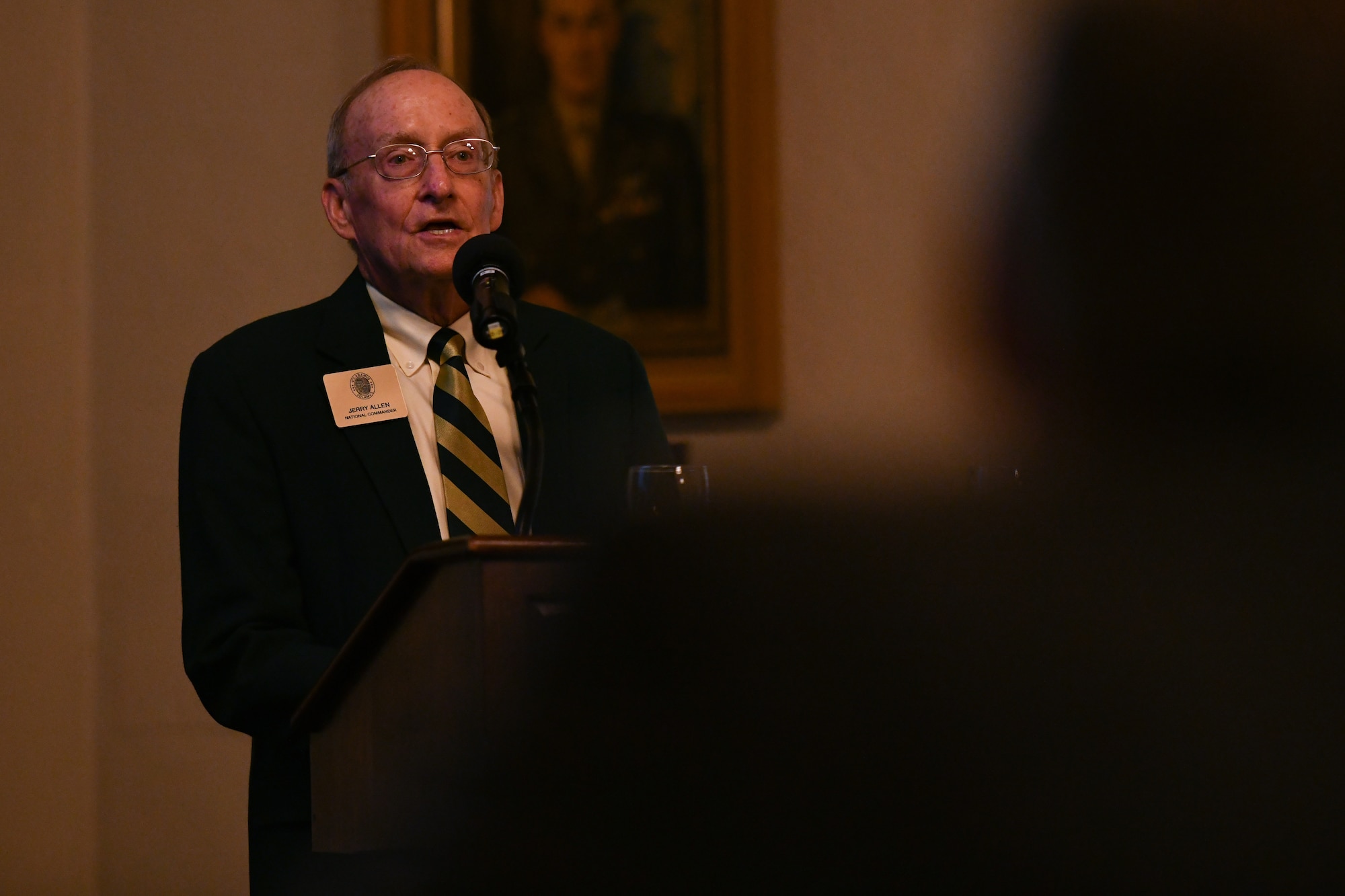 Retired Maj. Gen. Jerrold Allen, Daedalian national commander, delivers a speech during an event at the Maxwell Club on Maxwell Air Force Base, Alabama, July 22, 2021. The event was held to honor James “Jimmy” Stewart’s military service as an aviator and recognize him as a Daedalian Distinguished Colleague.