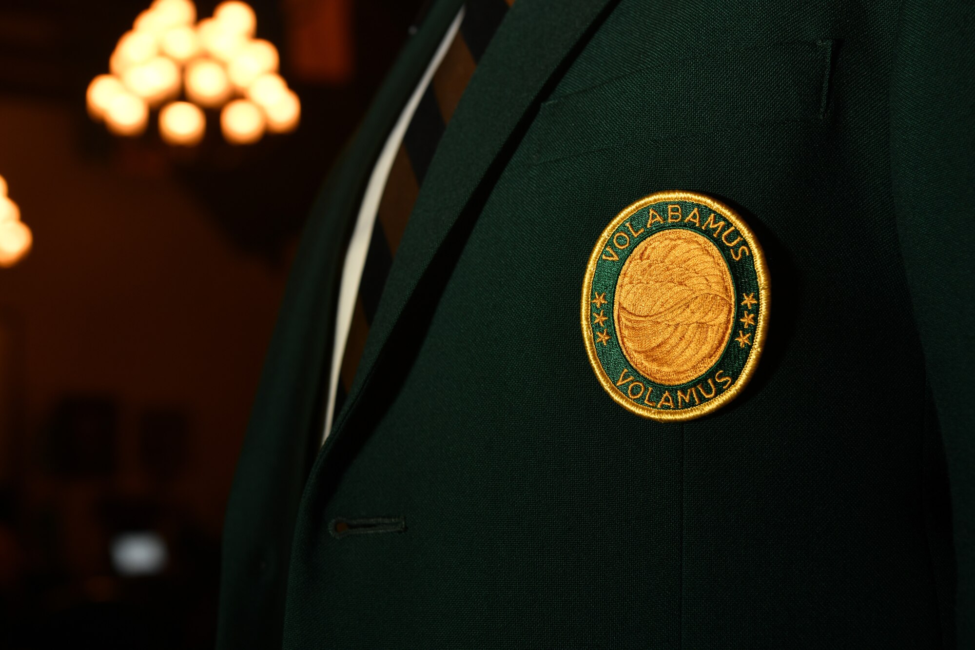 Retired Maj. Gen. Jerrold Allen, Daedalian national commander, wears a jacket bearing the Daedalian crest during an event at the Maxwell Club on Maxwell Air Force Base, Alabama, July 22, 2021. The event was held to honor James “Jimmy” Stewart’s military service as an aviator and recognize him as a Daedalian Distinguished Colleague.