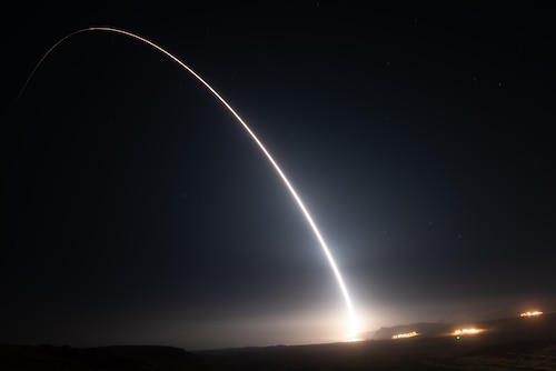 An Air Force Global Strike Command unarmed Minuteman III intercontinental ballistic missile launches during an operational test at 12:51 Pacific Time Wednesday, Aug. 11, 2021, at Vandenberg Space Force Base, Calif. ICBM test launches demonstrate that the U.S. ICBM fleet is relevant, essential and key to leveraging dominance in an era of Strategic Competition. (U.S. Space Force photo by Michael Peterson)