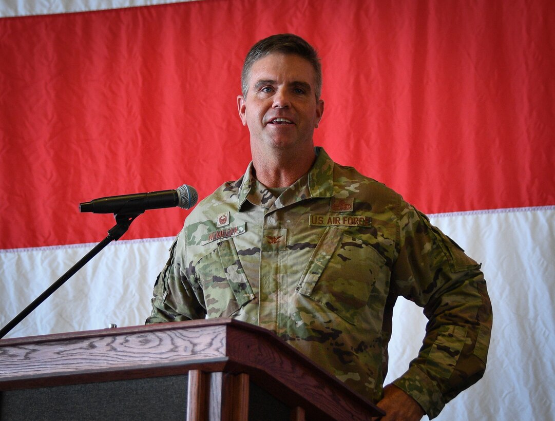 Col. John Nemecek, 301 FW MXG commander, addresses his Airmen August 8, 2021, during at change of command ceremony at U.S. Naval Air Station Joint Reserve Base Fort Worth, Texas. Nemecek stated his Airmen are his number one priority and always will be. (U.S. Air Force photo by Master Sgt. Jeremy Roman)