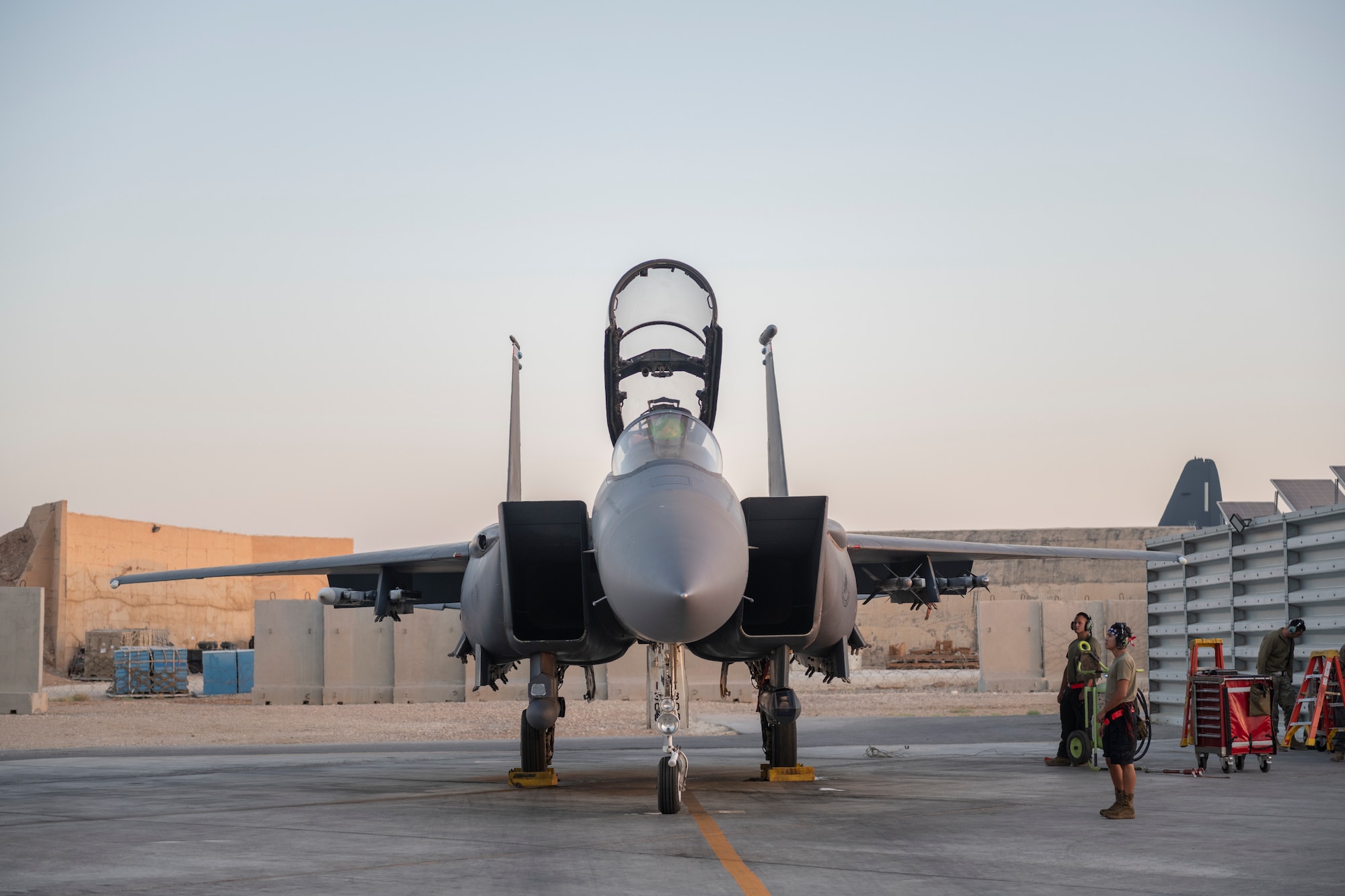 The 424th Expeditionary Fighter Squadron perform an exercise July 27, 2021, in an undisclosed location somewhere in Southwest Asia. The exercise tested the crews’ speed and capability to respond to a simulated Unmanned Aircraft System threat. (U.S. Air Force photo by Senior Airman Cameron Otte)